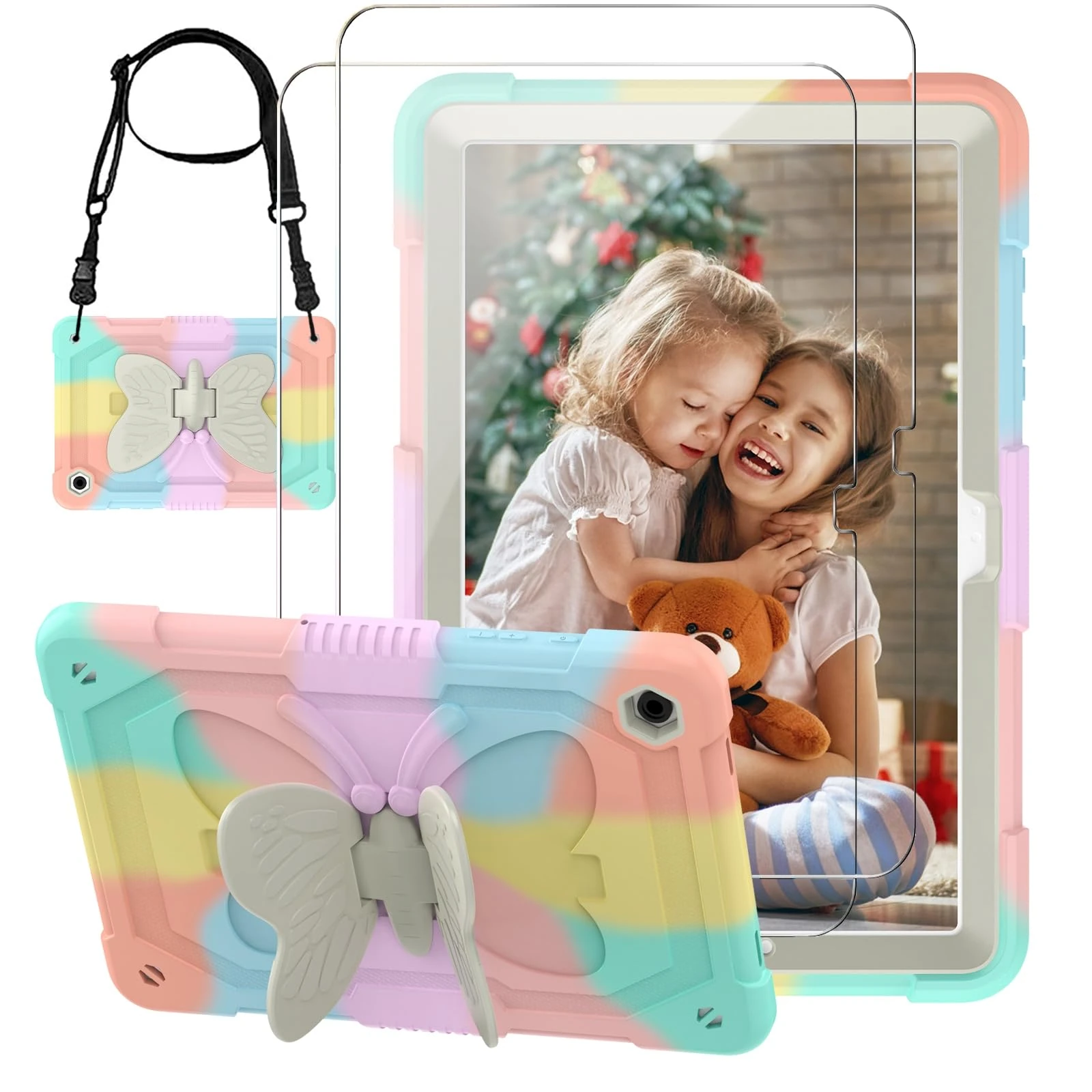 Samokor Kid Case for Samsung Galaxy Tab A9 Plus 11 inch 2023,with Tempered Glass Screen Protector & Butterfly Kickstand,Shockproof Full Body Protective Samsung Galaxy Tab A9 Plus 11'',Colourful Pink