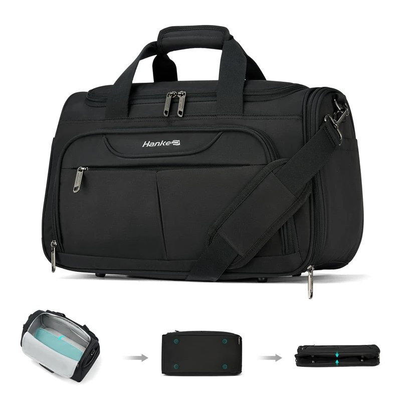 Hanke Foldable Underseat Carry On Luggage Bag, Travel Tote Bag for Women & Men, Personal Item Travel Bag Softside Lightweight Luggage Bags for Travel Flight Crew Overnight Weekender Bag., Black
