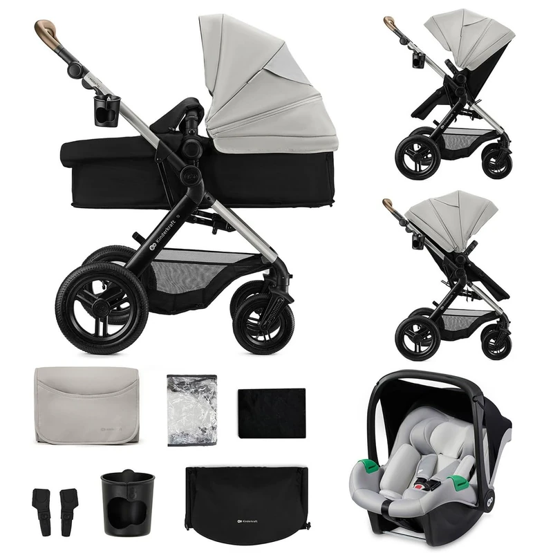 Kinderkraft MOOV XL 3-in-1 Pushchair up to 27 kg, Pram, with Seat I-Size 40-75 cm, Foldable, Shock Absorber, Convertible, XL Carrycot, with Accessories, Light Grey