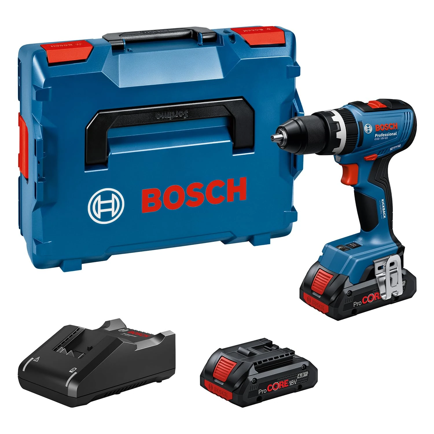 Bosch Professional 18V System Cordless Drill Driver GSB 18V-65 (Brushless Motor, Head Length 175, incl. 2X ProCORE18V 4.0Ah Batteries, Charger GAL 18V-40, L-BOXX)
