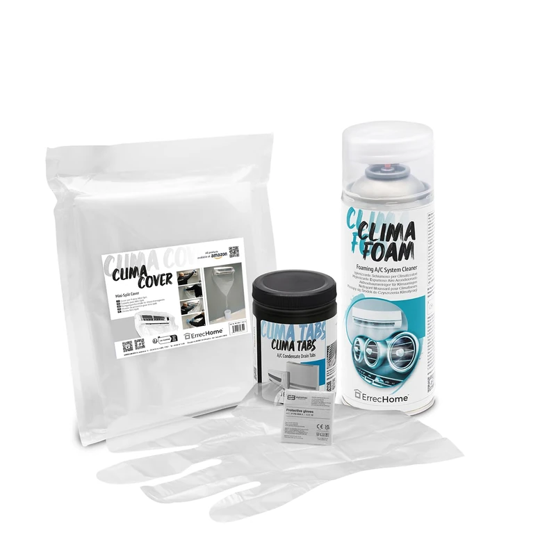 ERRECHOME Cleaning Kit for Air Conditioners, includes Clima Foam Air Conditioner Foaming Cleaner, Clima Cover, Clima Tabs 40 Tabs for A/C Condensate Drain, Disposable Gloves