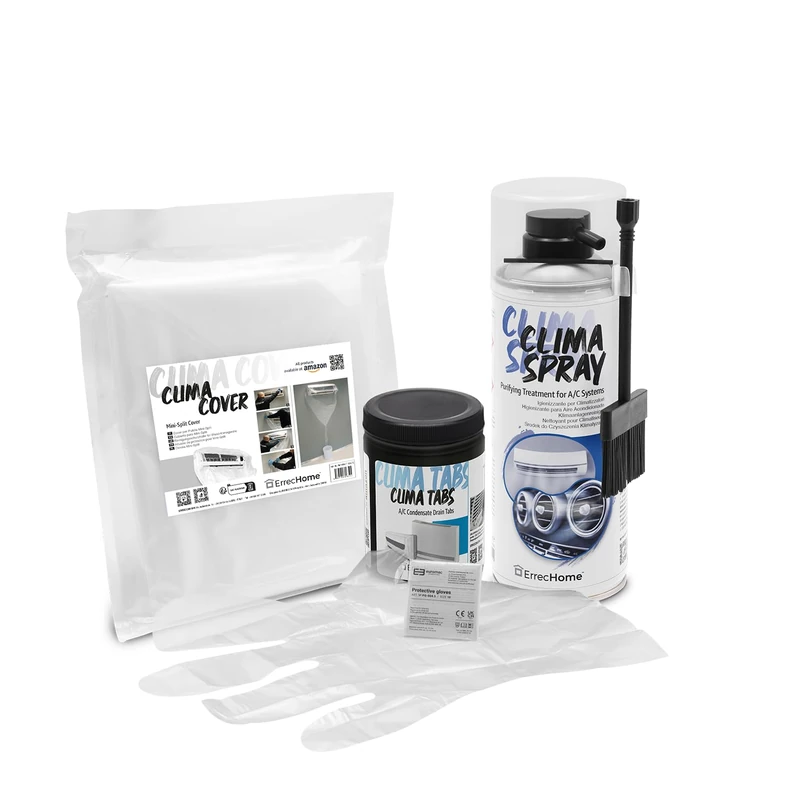 ErrecHome Cleaning Kit for Air Conditioners, includes Clima Spray PRO A/C Cleaner with Hard Bristle Dispenser Brush, Clima Cover, Clima Tabs 40 Tabs for A/C Condensate Drain, Gloves - Image 1