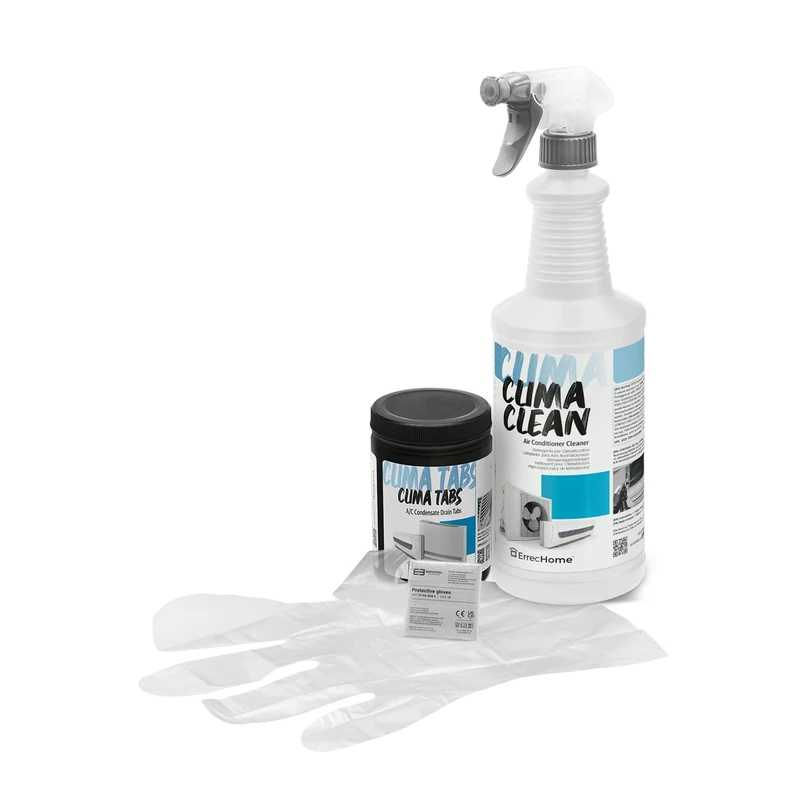 ERRECHOME Cleaning Kit for Air Conditioners, includes Clima Clean 1L Cleaner for A/C Filters and Evaporators, Clima Tabs 40 Cleaning Tabs for A/C Condensate Drain. Disposable gloves included - Image 1