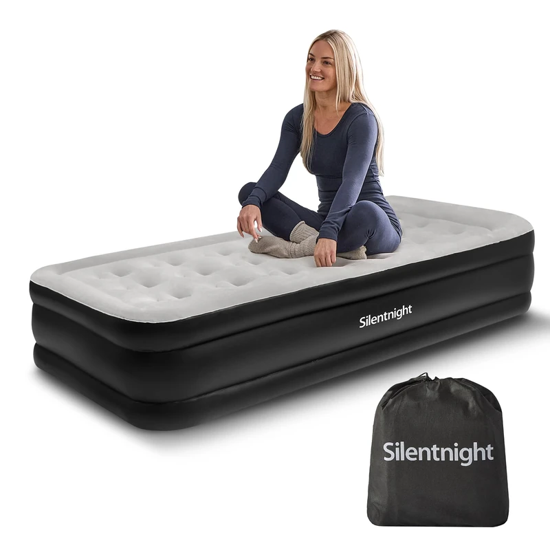 Silentnight Deep Sleep Ultimate Air Bed Single with Built in Pump – High Rise Flocked Comfortable Airbed Mattress with Quick Inflation and Deflation with Raised Pillow for Guests and Camping - Single