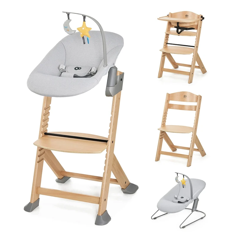Kinderkraft ENOCK Wooden Highchair + Baby Bouncer CALMEE, Multifunctional Baby Chair, Ajustable Heigh and Footrest, Safety Harness, with Detachable Tray, for Children up to 10 Years