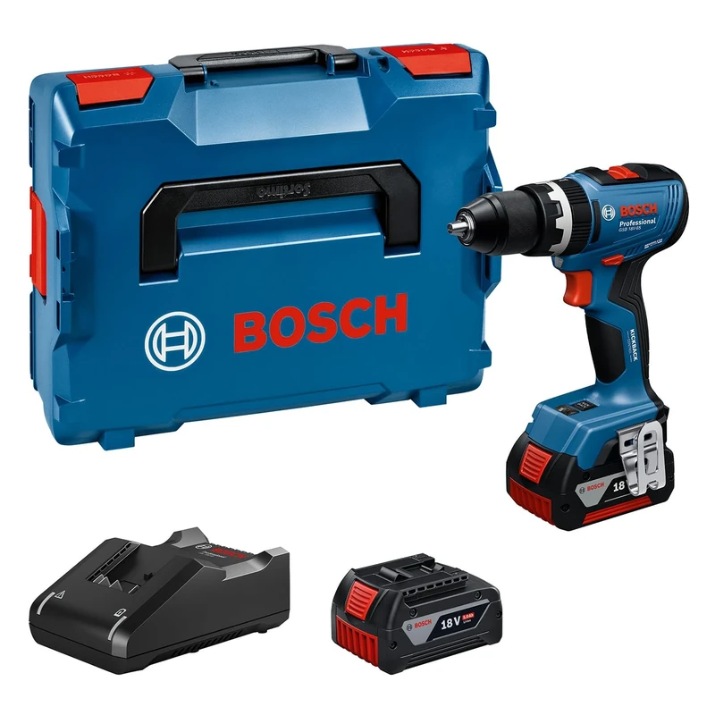 Bosch Professional 18V System Cordless Drill Driver GSB 18V-65 (Brushless Motor, Head Length 175, incl. 2X GBA 18V 5.0Ah Batteries, Charger GAL 18V-40, L-BOXX)