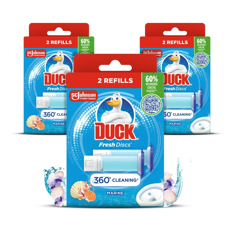 Duck Fresh Discs Toilet Cleaner Refill Twin Pack, Fights Stains That Harbour Germs, Prevents Limescale Build Up, Marine Fragrance, Pack of 3 (Total of 6 Refill Tubes)