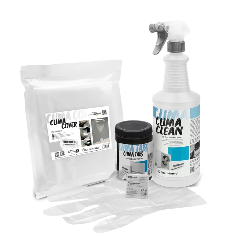 ErrecHome Cleaning Kit for Air Conditioners, includes Clima Clean 1L Cleaner for A/C Filters and Evaporators, Clima Cover Cleaning Cover, Clima Tabs 40 Tabs for A/C Condensate Drain, Disposable Gloves