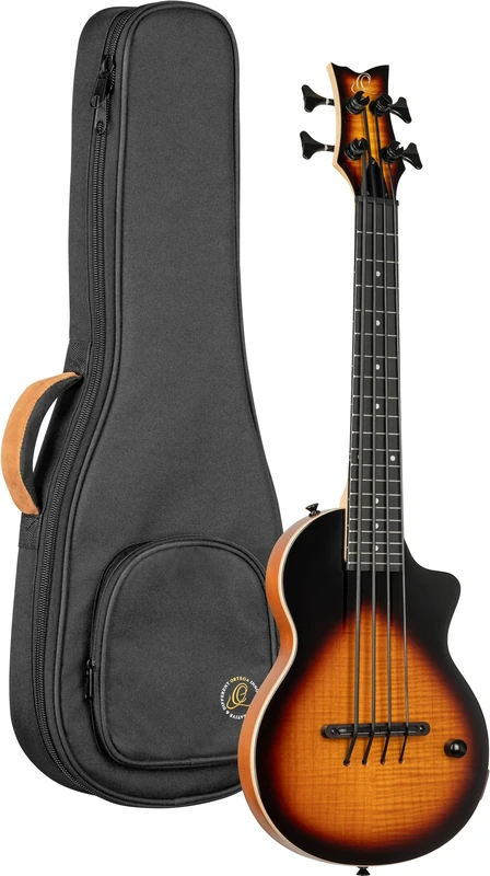 Ortega Guitars Bass Ukulele Electro-Acoustic – Solid Body – Neo Series – Including Gig Bag – Flamed Maple/Okoume, Black/Brown (NEO-BS-TSB)