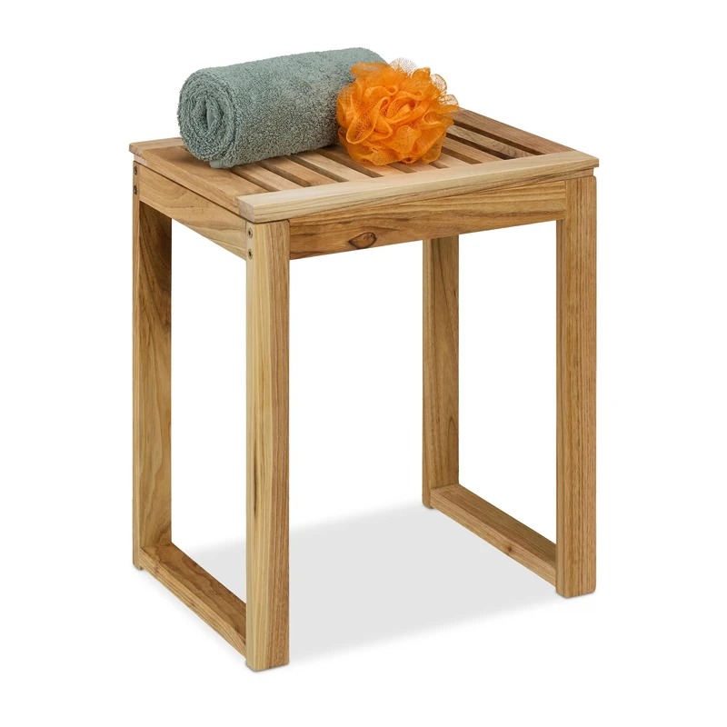Relaxdays Wooden Stool, HWD: 46 x 40 x 30 cm, max. 80 kg, Bathroom Seat, Lounge Side Table, Plant Stand, Walnut, Natural, Wood