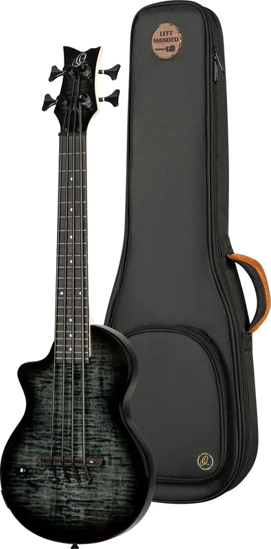 Ortega Guitars Bass Ukulele Left-Handed – Electro-Acoustic, Solid Body – Neo Series – Including Gig Bag – Flamed Maple/Okoume, Black/Grey (NEO-BS-TGB-L)