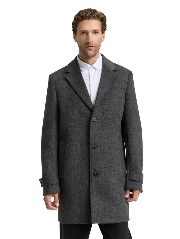 TOM TAILOR Men's 1046987 Wool Coat, 30500-Dark Grey Black Herringbone, M, 30500 - Dark Grey Black Herringbone, M
