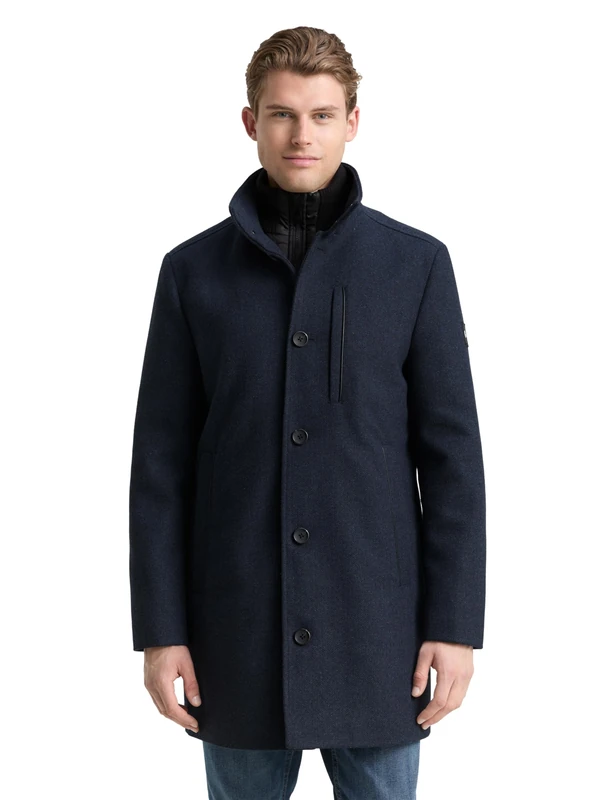 TOM TAILOR Men's 1048486 Wool Coat, 32530-Blue Small Herringbone, S, 32530 - Blue Small Herringbone, S