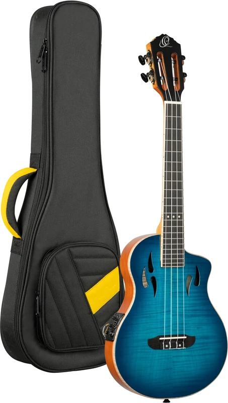 Ortega Guitars Tenor Ukulele Electro-Acoustic – Solid Body – Tourplayer Series – Including Gig Bag – Flamed Maple/Okoume, Blue (RTPX-U-FMA)