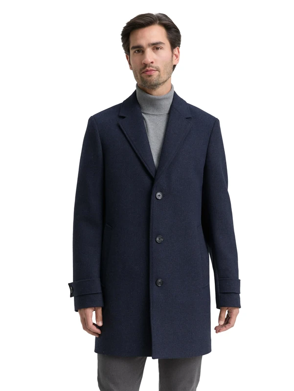 TOM TAILOR Men's 1046987 Wool Coat, 32530-Blue Small Herringbone, L, 32530 - Blue Small Herringbone, L