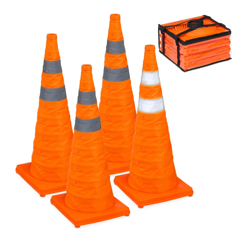 Relaxdays Set of 4 Traffic Cones, Collapsible, with Reflector Strips, Folding Markers with Bag, 70 x 29 x 29 cm, Orange