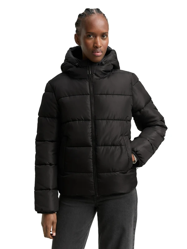TOM TAILOR Denim Women's 1047546 Puffer Jacket with Hood, 14482 - Deep Black, L