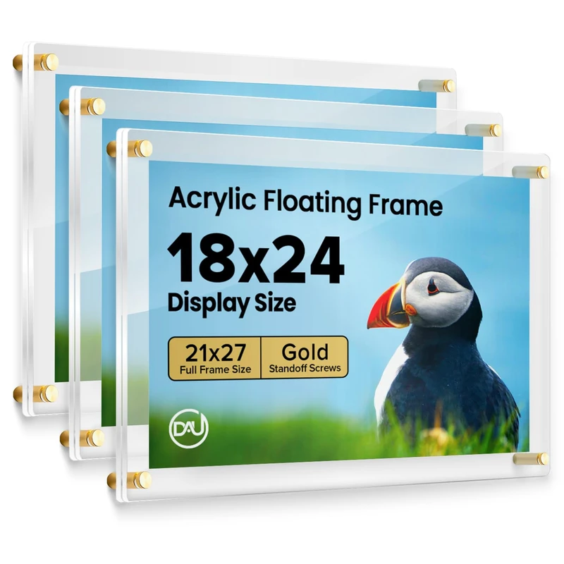 Acrylic Floating Frames Gold Standoffs (3-Pack) 18" x 24" Clear Acrylic Frames for Wall Mount Floating Picture Frame, Diploma Poster Certificate Hanging Photo Display Degree Prints Artwork Documents