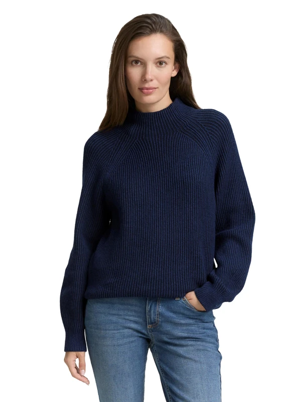 TOM TAILOR Women's 1047670 Loose Fit Knitted Jumper with Stand-Up Collar, 39335 - Blue Rib Structure, 3XL