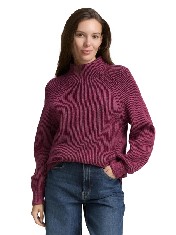 TOM TAILOR Women's 1047670 Loose Fit Knitted Jumper with Stand-Up Collar, 38881 - Red Rib Structure, L - Image 1