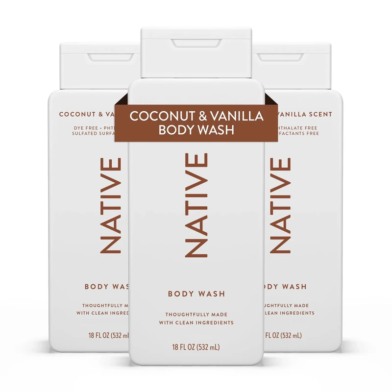 Native Shower Gel & Body Wash for Women & Men - Free of Sulphates & Dyes - Coconut & Vanilla Scent Body Soap - Gently Cleanses with Plant-Based ingredients (3 Pack, 532ml Each)