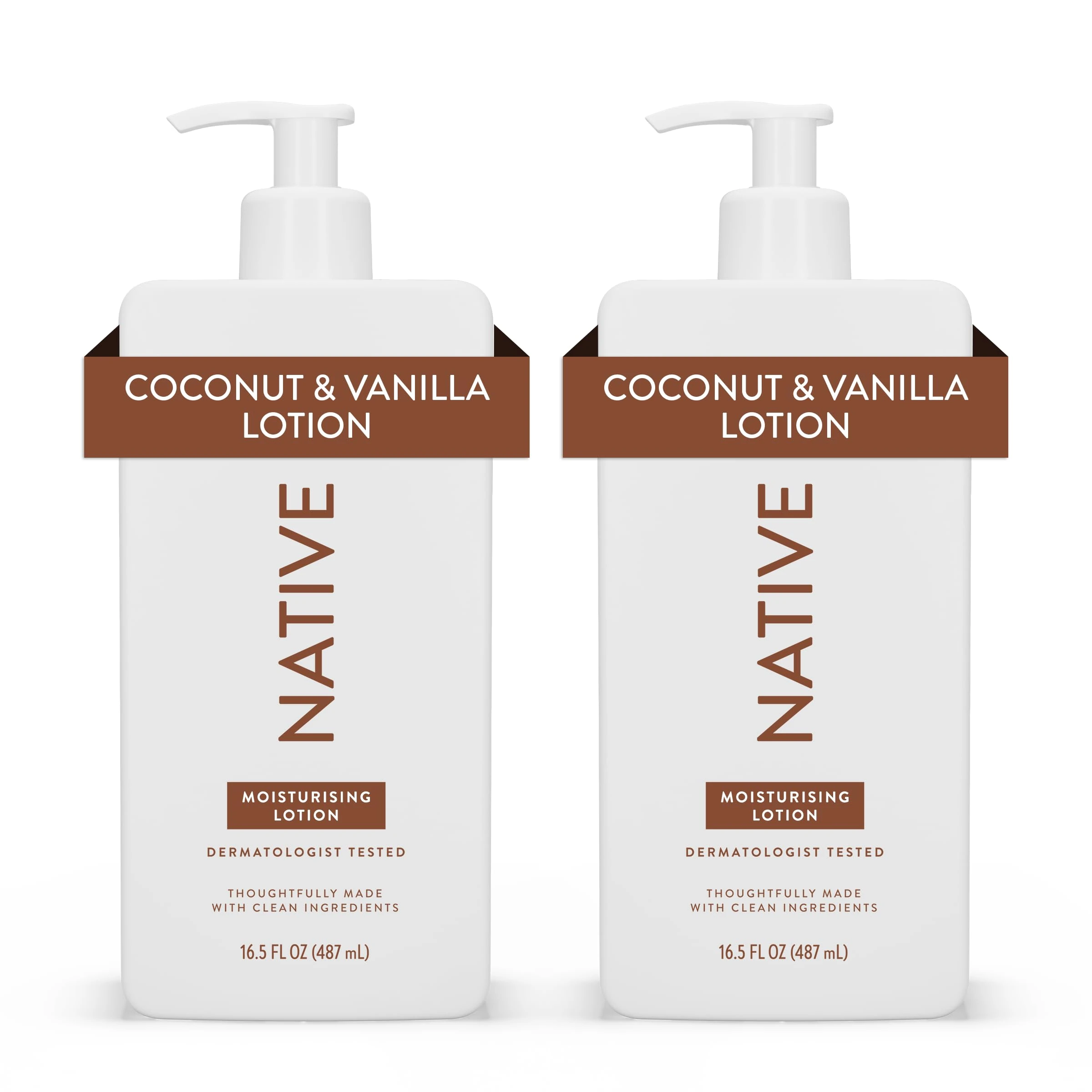 Native Body Lotion for Men & Women - Silicone & Dye Free - Coconut & Vanilla Scented Hand Lotion + Body Moisturizer for Dry Skin - Naturally Derived with Shea Butter & Glycerine (2 Pack, 487ml)