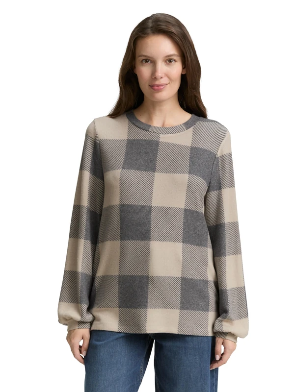 TOM TAILOR Women's 1044923 Long-Sleeved T-Shirt, 38731-Black Taupe Cosy Check, 3XL - Image 1