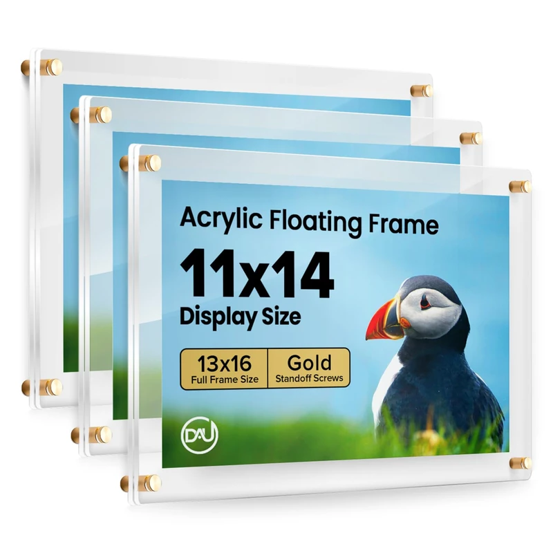 Acrylic Floating Frames Gold Standoffs (3-Pack) 11" x 14" Clear Acrylic Frames for Wall Mount Floating Picture Frame, Diploma Poster Certificate Hanging Photo Display Degree Prints Artwork Documents