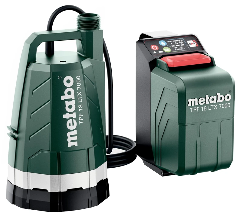 metabo Battery Submersible Pump TPF 18 LTX 7000-18V, CAS Max. Flow Rate 7000 l/h, Delivery Head 9 m, Immersion Depth 6 m, Max. Pressure 0.9 Bar Compact & Powerful for Drainage and Garden - Includes