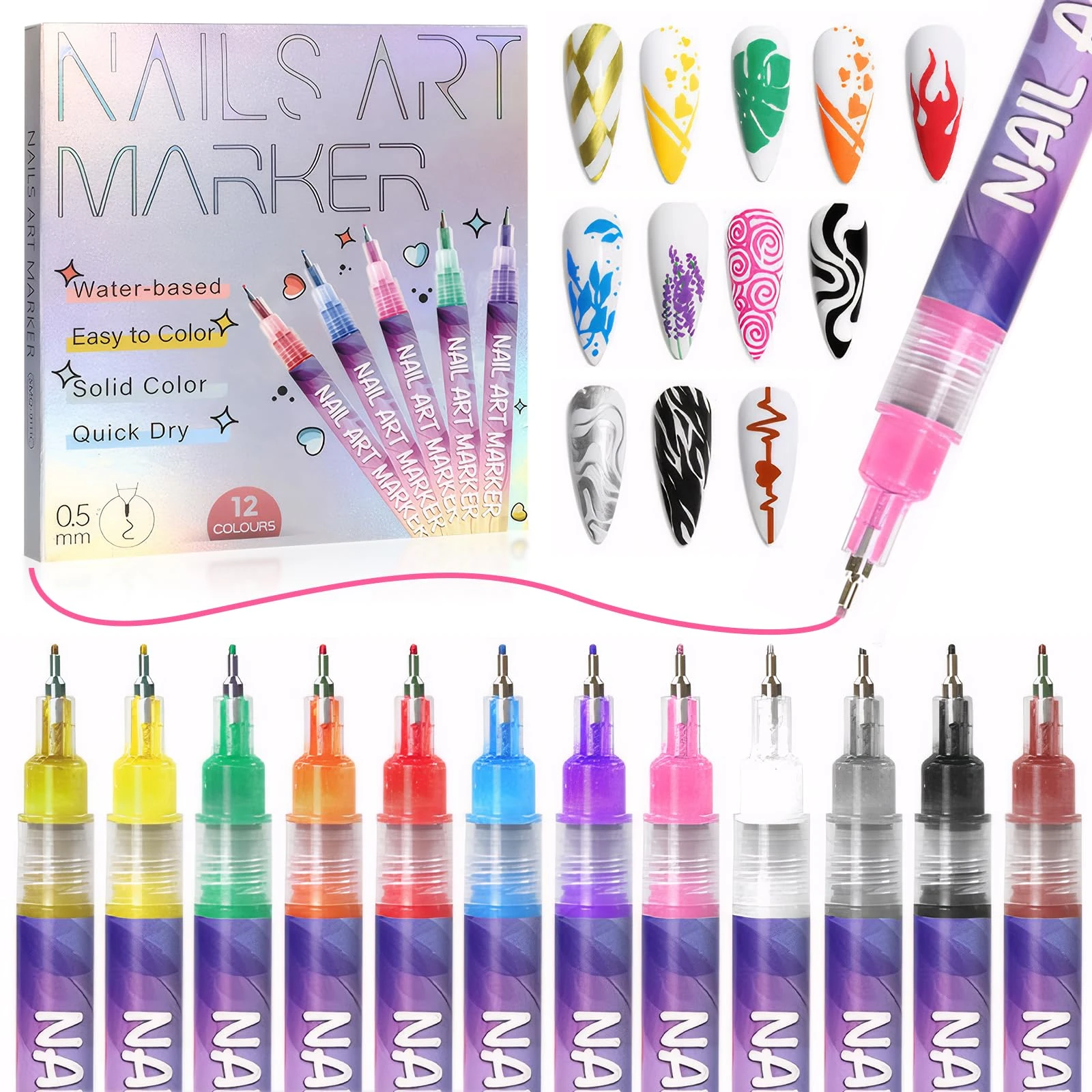 12 Color 3D Nail Art Pens Set, Nail Polish Pens Quick Dry Acrylic Nail Art Painting Pen Nail Point Graffiti Dotting Pen for Nails Art Design, Nail Art Kit for Design Beauty