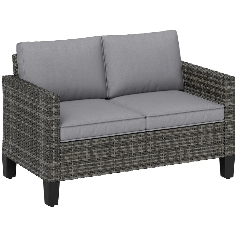 Outsunny 2 Seater Rattan Sofa with Cushions, Wicker Garden Loveseat with Armrests, Outdoor Garden Sofa Couch with Steel Frame for Balcony, Porch, Dark Grey
