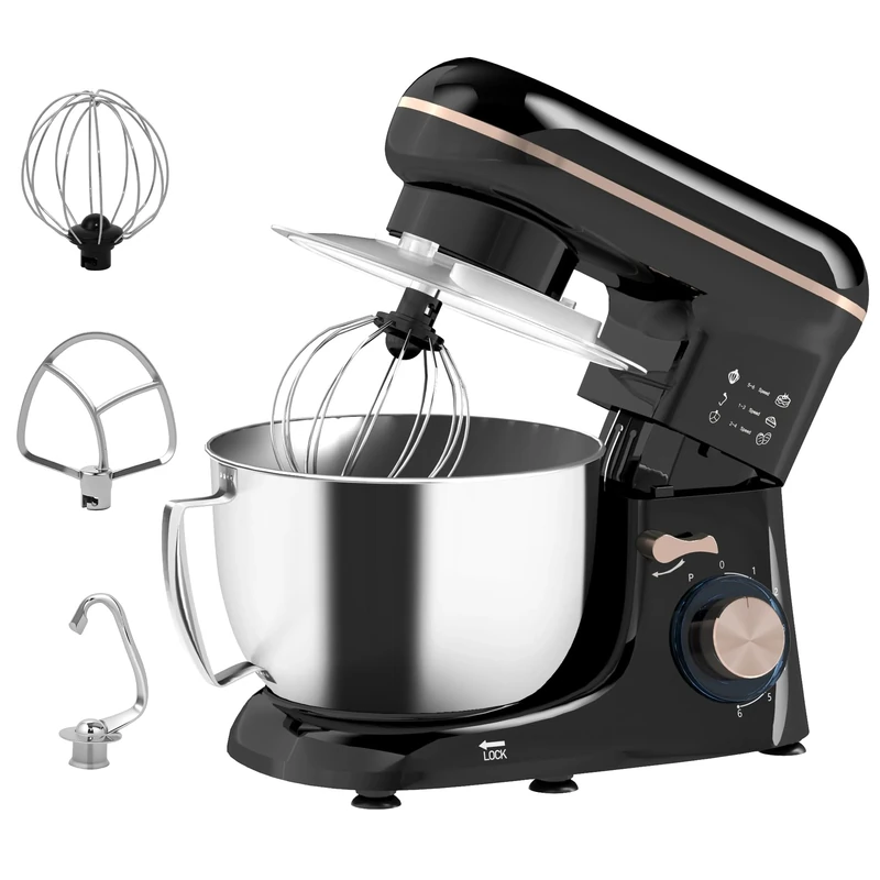 HOMCOM Stand Mixer, 4.5L Food Mixer for Baking, 6 Speeds and Pulse Setting, 1300W Cake Electric Whisk with Dough Hook, Whisk, Stainless Steel Bowl, Splash Guard, Beater, Black