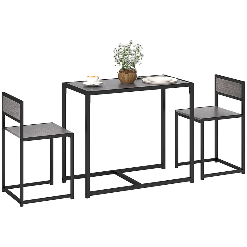 HOMCOM Dining Table and Chairs Set 2, Dining Room Sets, Rectangular Space Saving Table and 2 Chairs for Compact Kitchens, Steel Frame, Grey Wood-Effect - Image 1