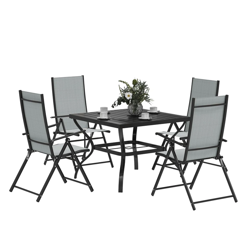 Outsunny 5 Pieces Garden Dining Set, 4 Seater Garden Furniture Set with Parasol Hole, Outdoor Dining Set with High Back Folding Chairs and Square Metal Top Table for Outdoor Patio, Grey