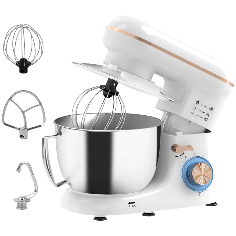 HOMCOM Stand Mixer, 4.5L Food Mixer for Baking, 6 Speeds and Pulse Setting, 1300W Cake Electric Whisk with Dough Hook, Whisk, Stainless Steel Bowl, Splash Guard, Beater, White
