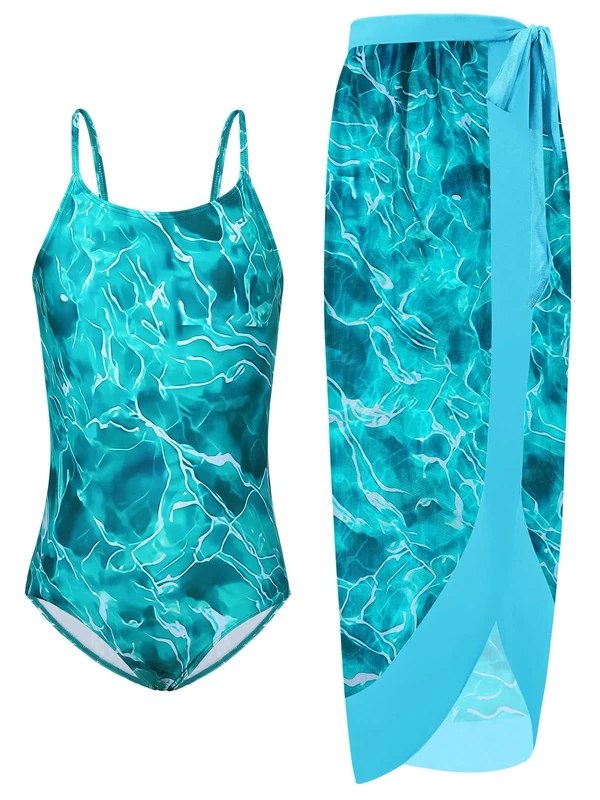 Naiyafly Girls One Piece Swimsuit with Cover Up Wrap Skirt Set Tropical Two Piece Bathing Suit for Teen Girls Kids Beach Swimwear 9-14 Years