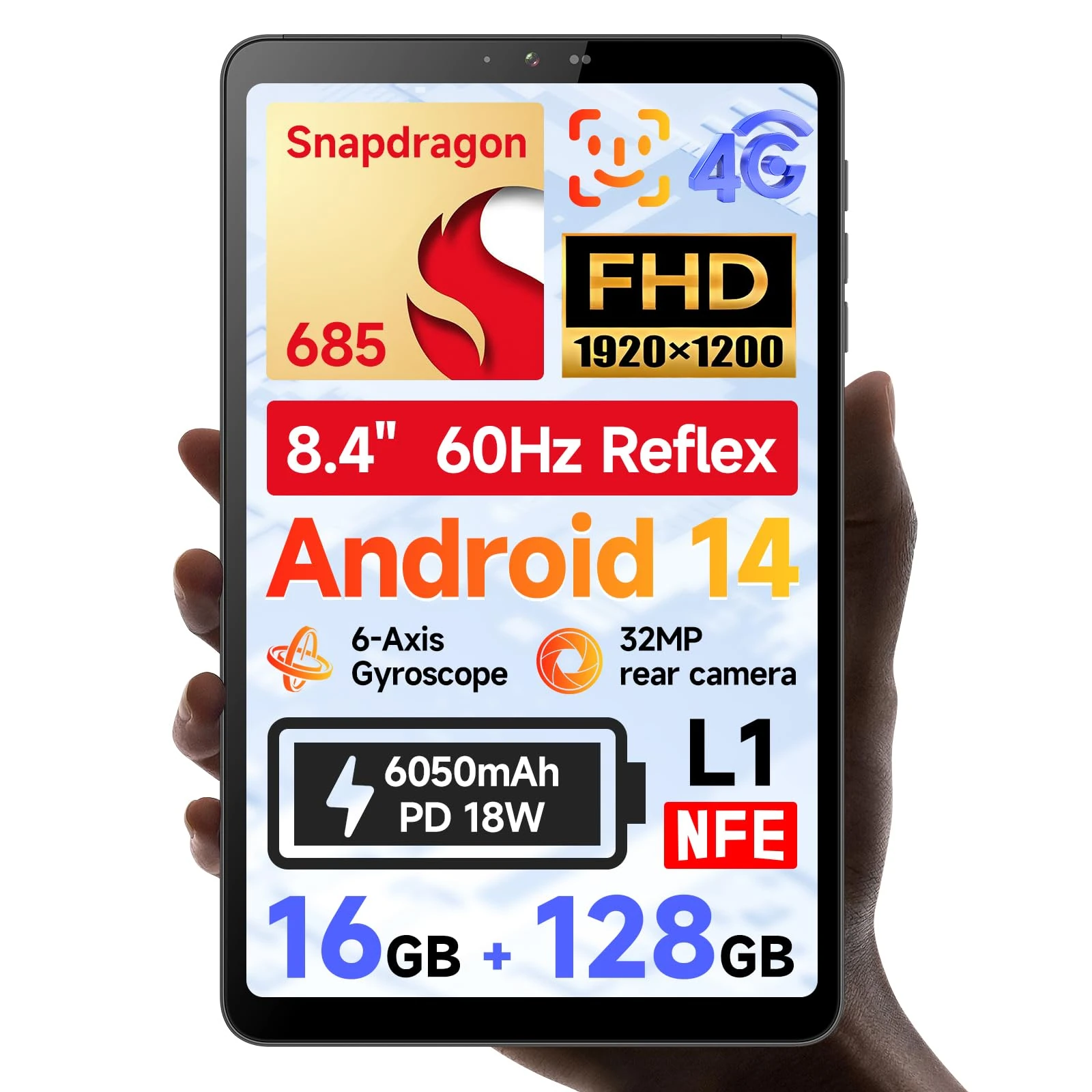 BNCF 8.4 inch Snapdragon 685 Android 14 Tablet, FHD IPS 1920x1200 Resolution 60Hz Reflex Bpad mini with Widevine L1, 16GB+128GB(1TB Expand), 5MP+32MP Camera, 4G LTE+2.4G/5G Wifi+BT5.0+GPS, 6050mAh