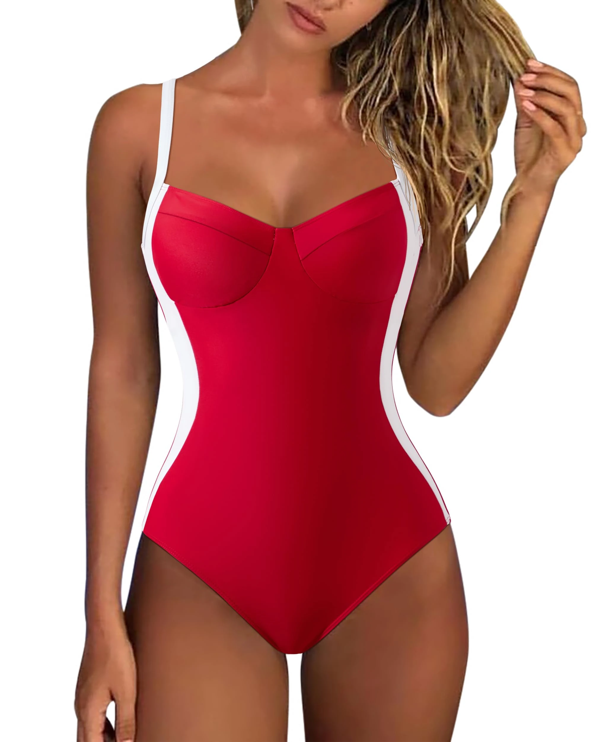 RXRXCOCO Crisscross Back Swimming Costume Women Slimming Tummy Control Swimwear V Neck One Piece Swimsuit Red and White