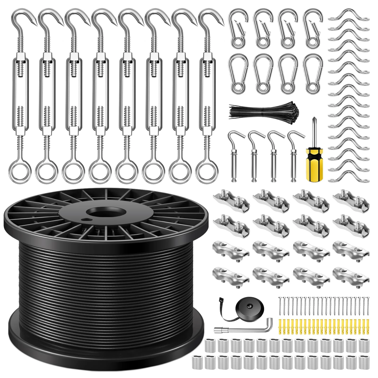 TESSKY String Light Hanging Kit with 500FT Vinyl Coated Stainless Steel 304 Wire Rope Suspension Kit Included Enough Accessories with Turnbuckles and Hooks for Patio, Garden and Wedding Lighting