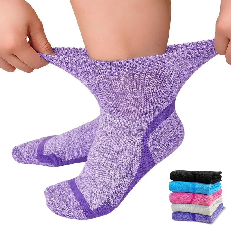 ZFSOCK Diabetic Socks Bamboo for Women: Extra Wide Soft Top Ankle Socks for Swollen Feet Seamless Toe Hospital with Soft Grips Non-Elastic Loose Fitting Edema Sock, 9-11 Mix 5 Pairs