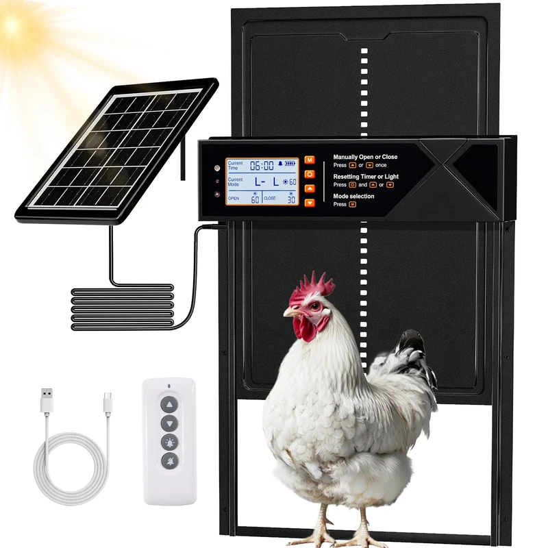 Extra Large Solar Automatic Chicken Coop Door, Solar Powered & USB Charging, Auto-Chicken Door with Timer & Light Sensor,Remote Control, LED Display, Anti-pinch & Alert, Aluminum Auto Coop Door