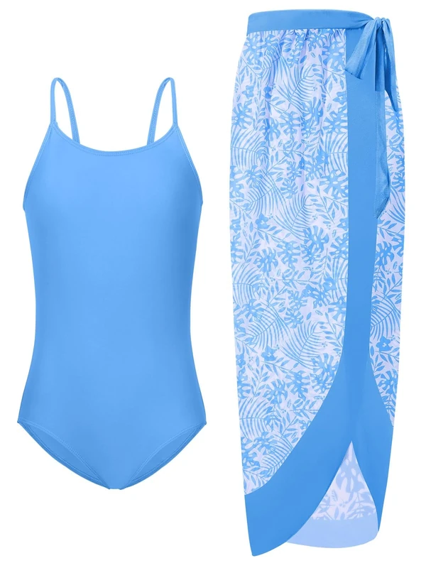 Naiyafly Girls One Piece Swimsuit with Cover Up Wrap Skirt Set Tropical Two Piece Bathing Suit for Teen Girls Kids Beach Swimwear 9-14 Years