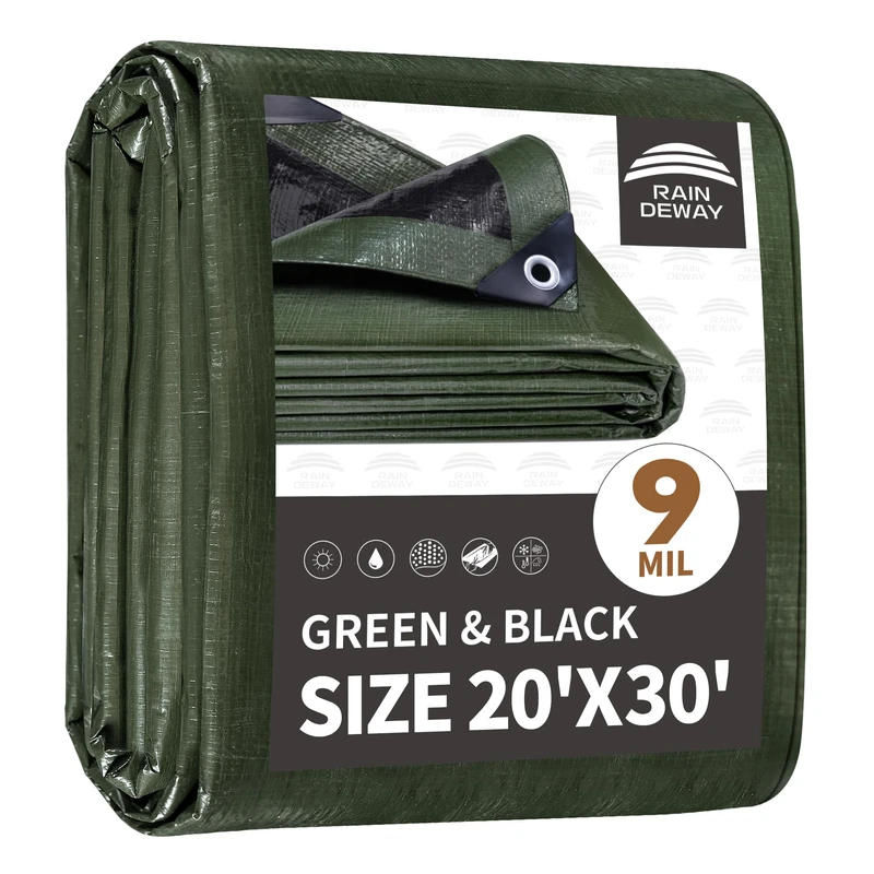 RAINDEWAY 20x30 Feet Tarp Waterproof,Durable,9Mil Thick Finished Size,Multipurpose Poly Tarp Cover with Metal Grommets and Reinforced Edges,Green/Black Tarps