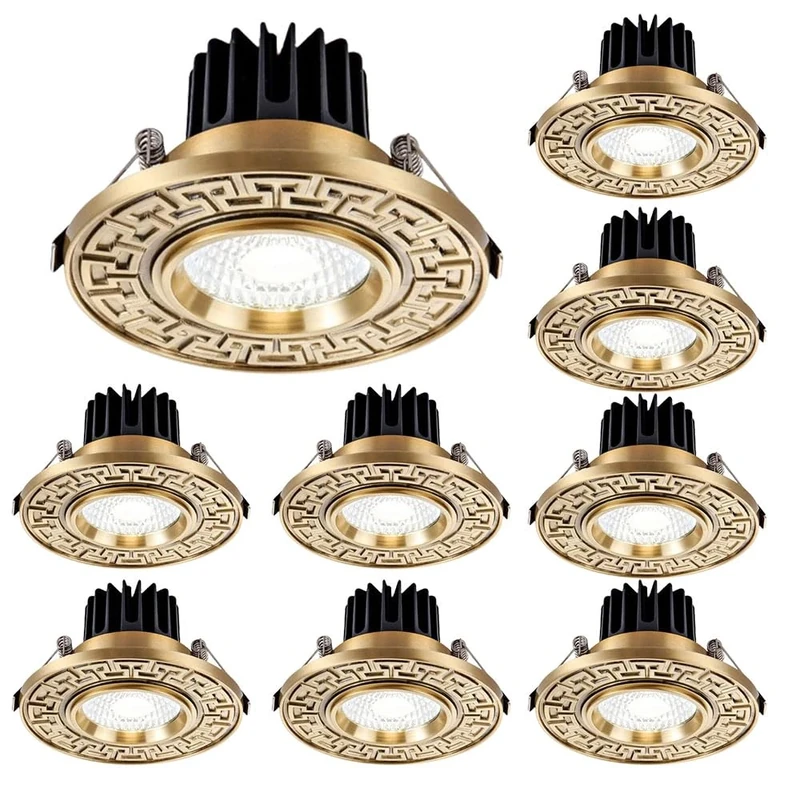 WOTZOV 9-Pack Recessed Lighting Housing Trim Kits Commercial Recessed LED Downlights Dimmable Embedded Spotlights Hotel Aisle Household Lighting Ceiling Panel Lamp,Brass