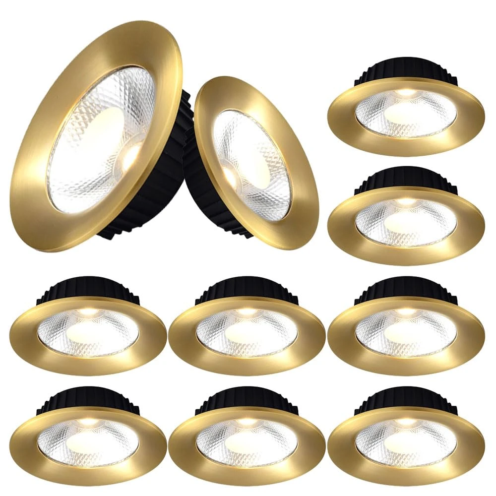 WOTZOV 10 Pack Golden Brass LED Recessed Ceiling Downlight Kit Black/Gold Brass LED Recessed Lighting, Smooth Trim, LED Can Lights for Commercial Home,B 5W