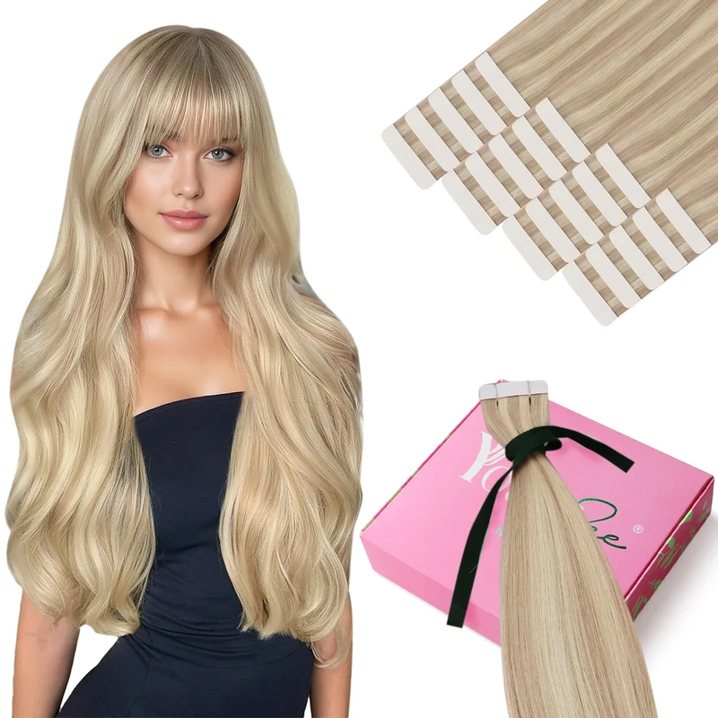 YoungSee Tape in Hair Extensions Highlight Blonde Invisible Tape Hair Extensions Real Human Hair for Short Hair Light Blonde Highlight Easy to Apply 12 Inch 20pcs 30g