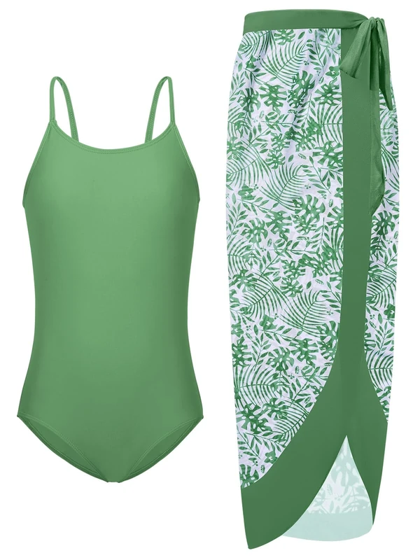Naiyafly Girls One Piece Swimsuit with Cover Up Wrap Skirt Set Tropical Two Piece Bathing Suit for Teen Girls Kids Beach Swimwear 9-14 Years