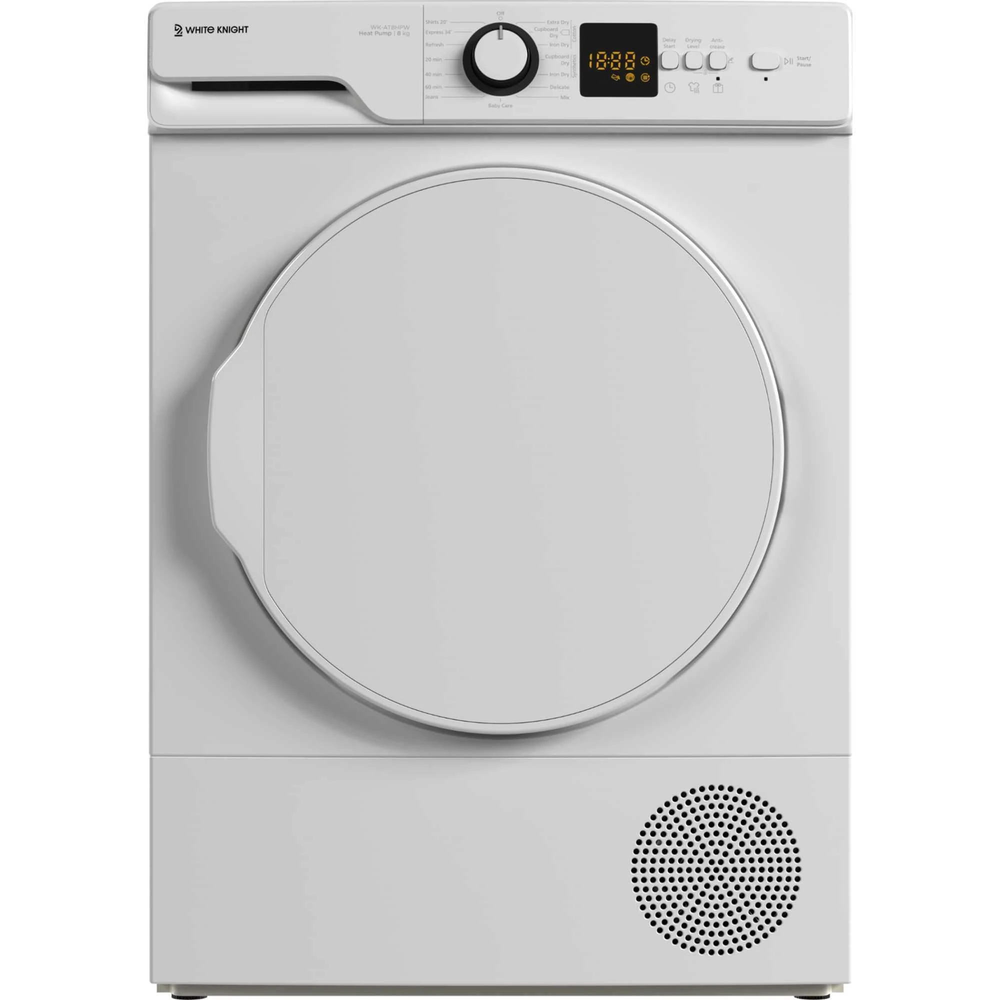 White Knight WK-AT8HPW 8kg Heat Pump Tumble Dryer,15 Programmes, Auto Dry, A++ Rated - H84.5 x W59.6 x D56.3 (cm)