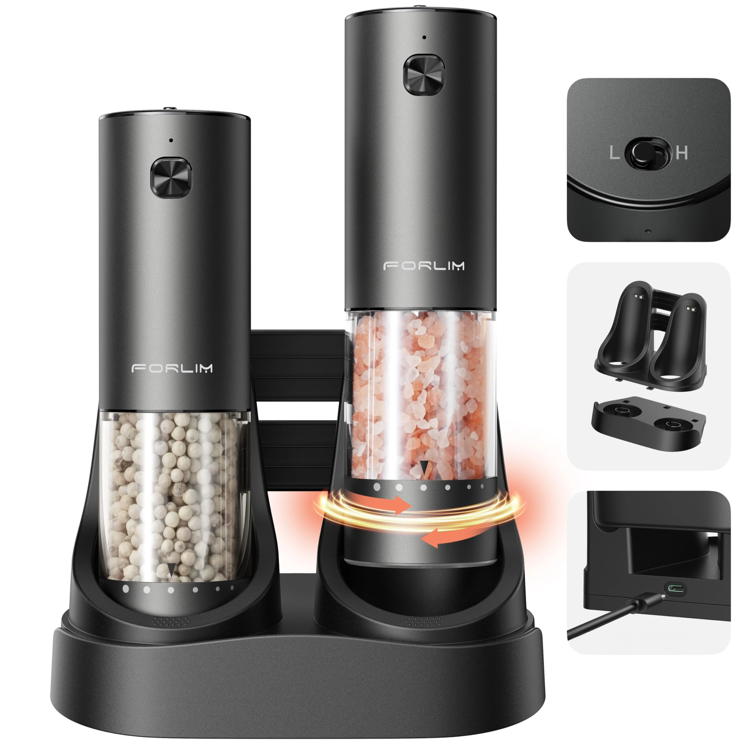 FORLIM Electric Salt and Pepper Grinder Set, Rechargeable Automatic with 2-Speed & 6 Adjustable Coarseness Levels, One-Handed Operation, Aluminum Alloy with Charing Base, for Home & Kitchen