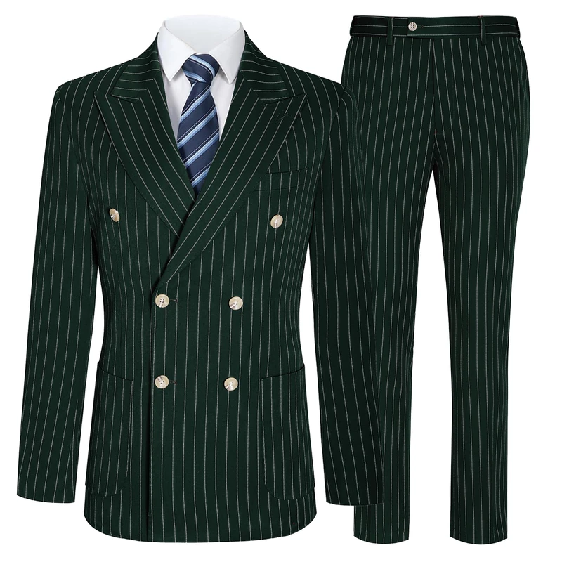 Mens Suits Slim Fit 3 Piece Double Breasted Tuxedo Suit Jacket Vest Pants Set for Wedding Prom, Deep Green Pinstripe, XL - Image 1